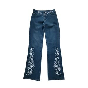 FOR JOSEPH Women's Dark Wash Denim Flare Jeans White Rose Embroidery Size 26